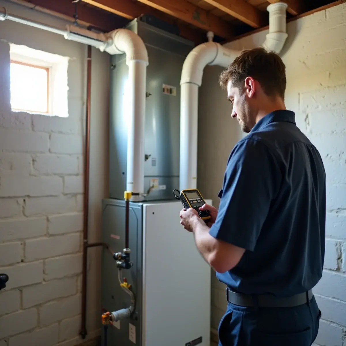 New high-efficiency gas furnace with PVC venting installed in a Mount Joy, PA basement
