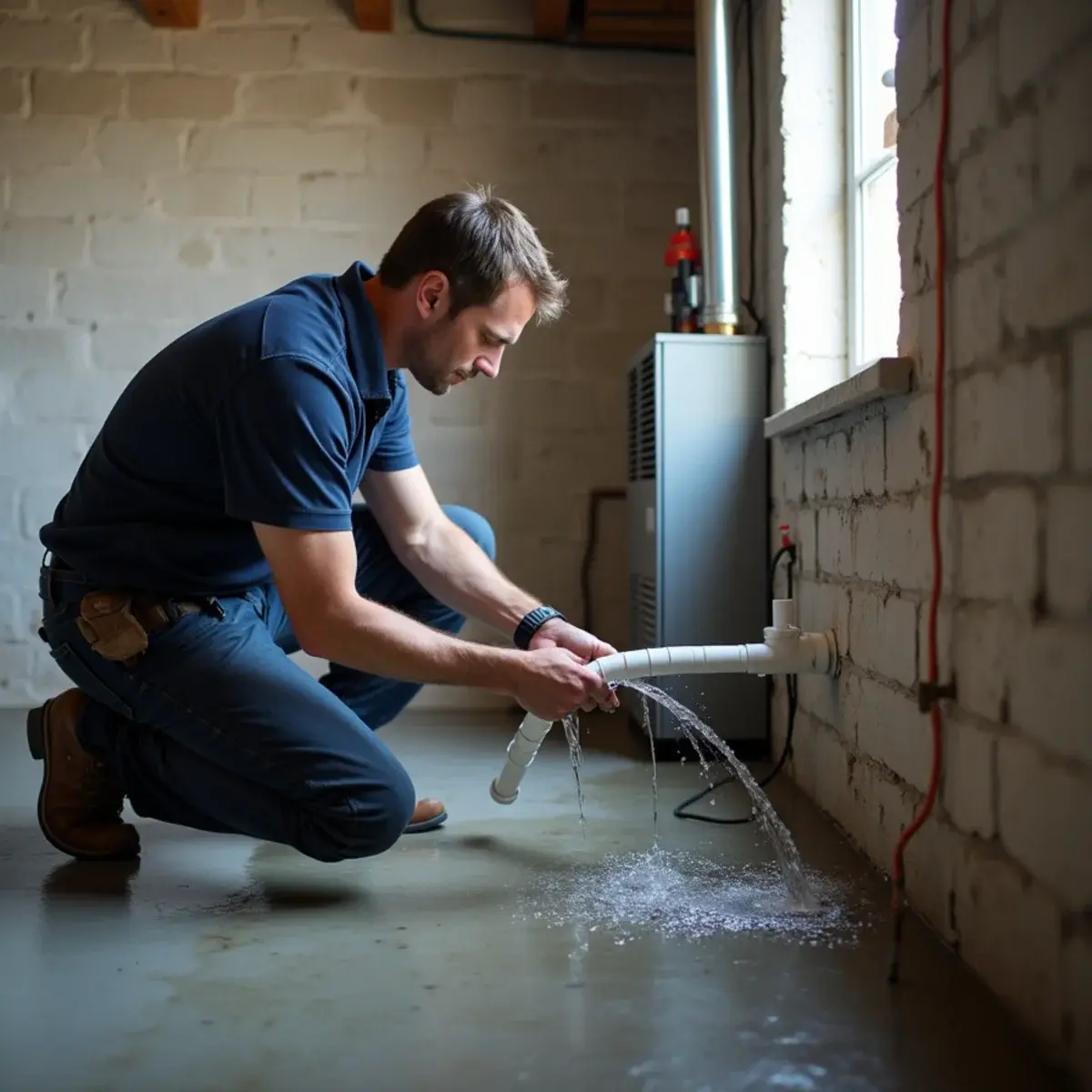 Technician clearing a clogged AC condensate drain line and pump in a Mount Joy, PA basement