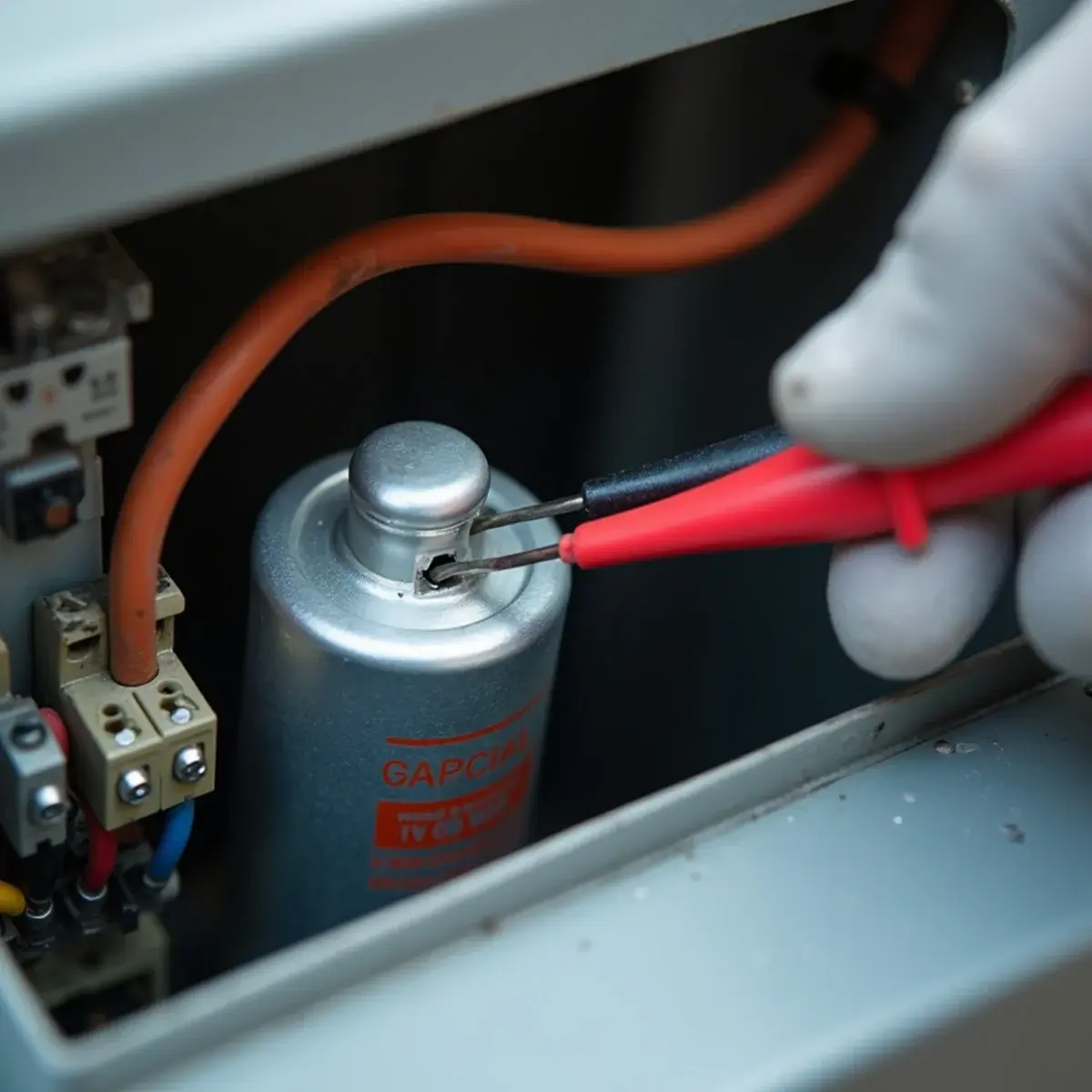 Swollen run capacitor in an outdoor AC unit being tested by a technician