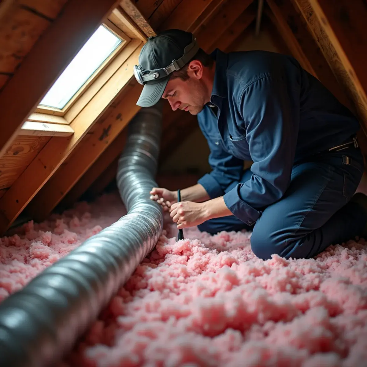Technician sealing a disconnected duct in a hot attic of a Pennsylvania home