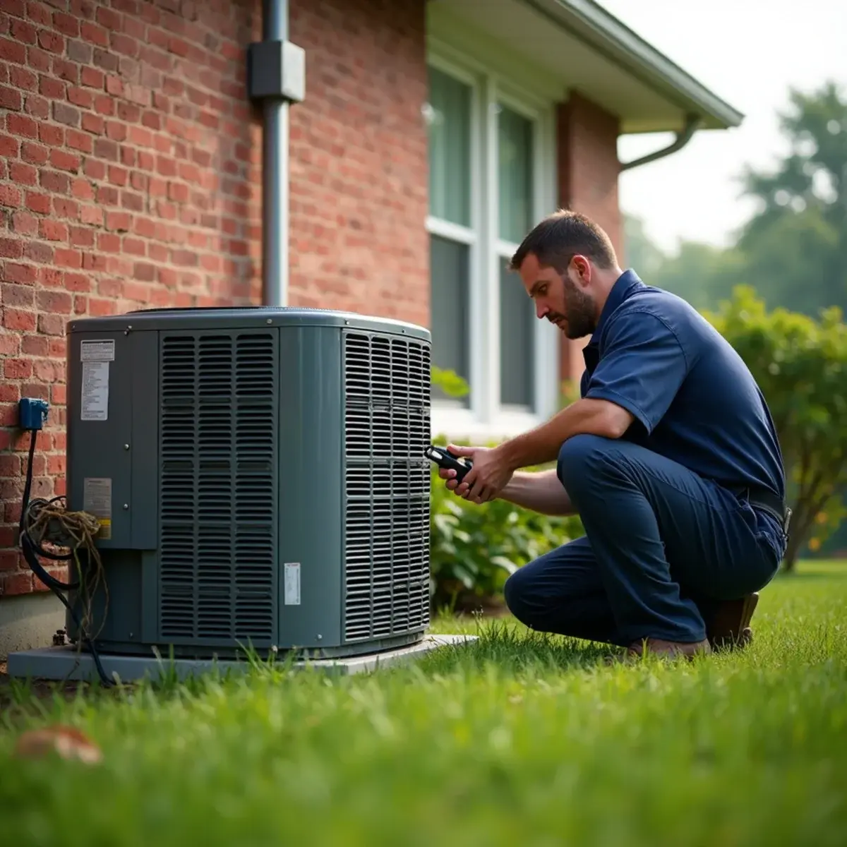 Outdoor central air conditioner beside a brick home on a hazy summer day near Ephrata, PA