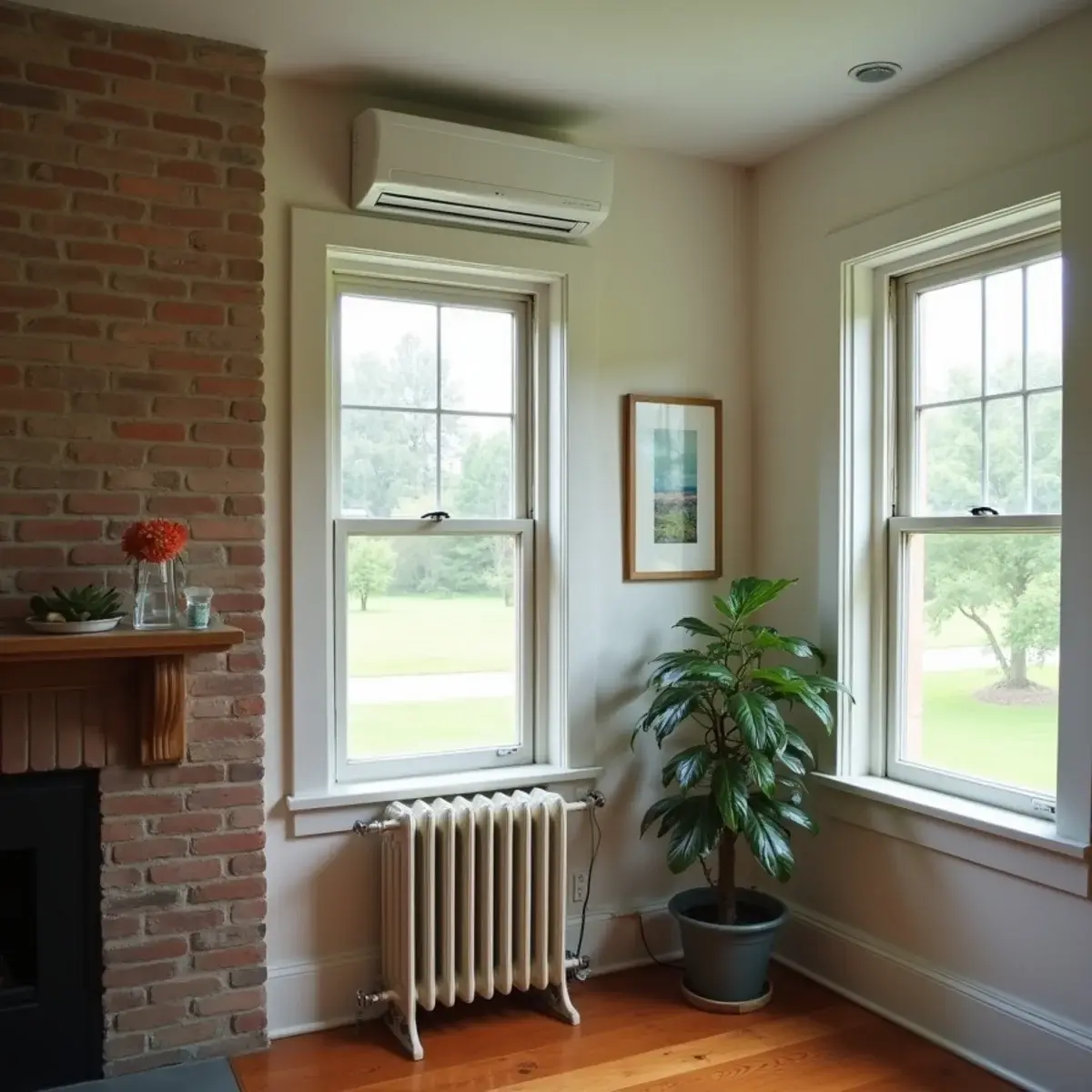 Ductless mini-split mounted above a cast-iron radiator in an older Columbia, PA home