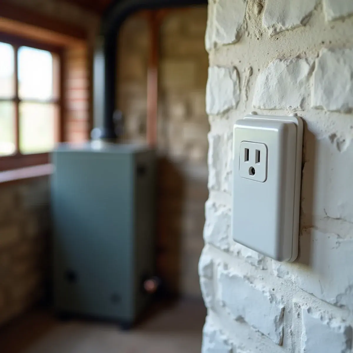Carbon monoxide alarm on a basement wall near an oil boiler in a Manheim, PA farmhouse