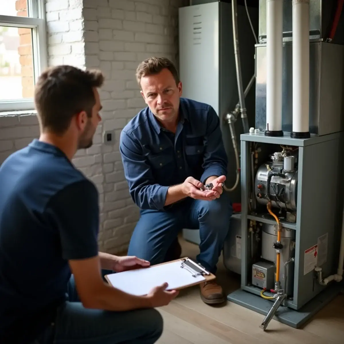 Technician explaining a furnace repair to a homeowner in a Lancaster County, PA basement