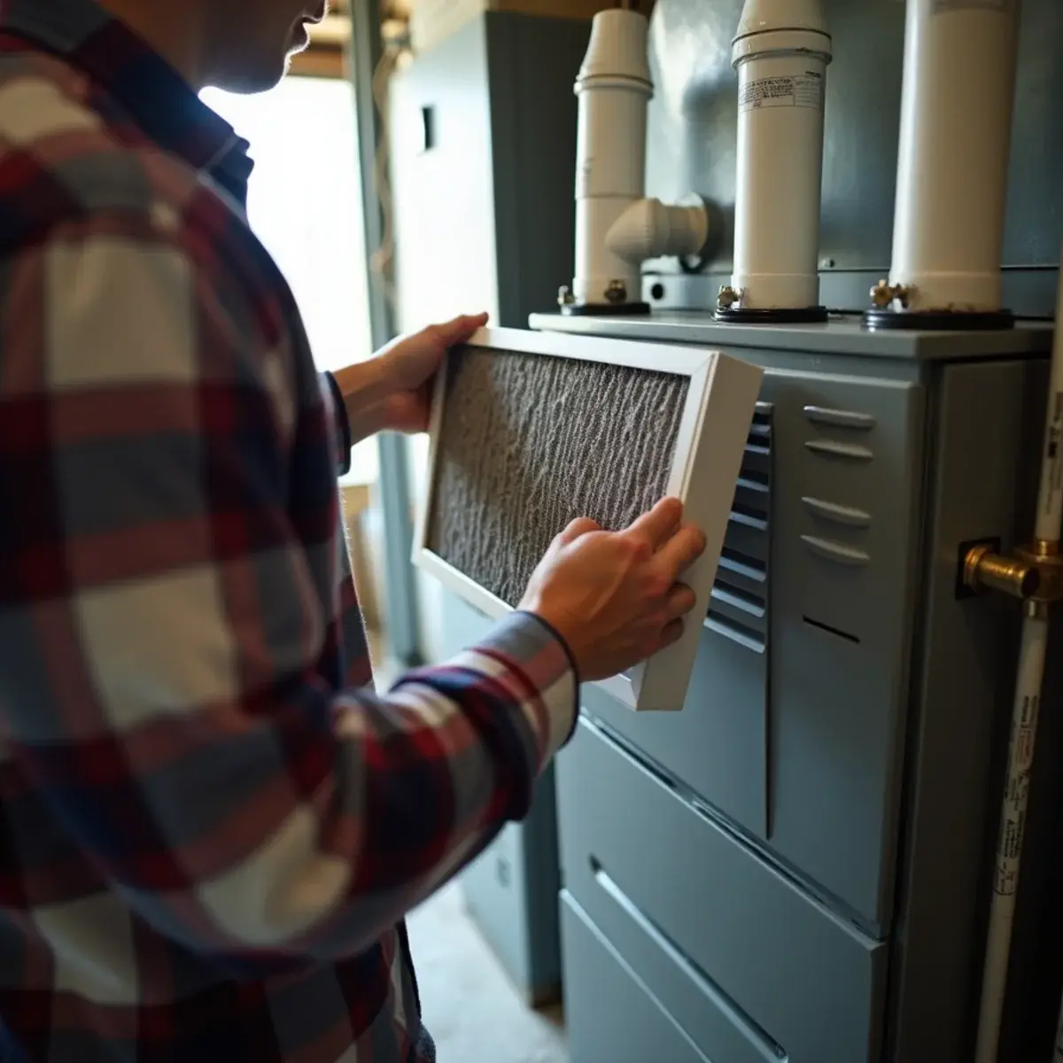 Homeowner replacing a clogged furnace filter in a Palmyra, PA basement