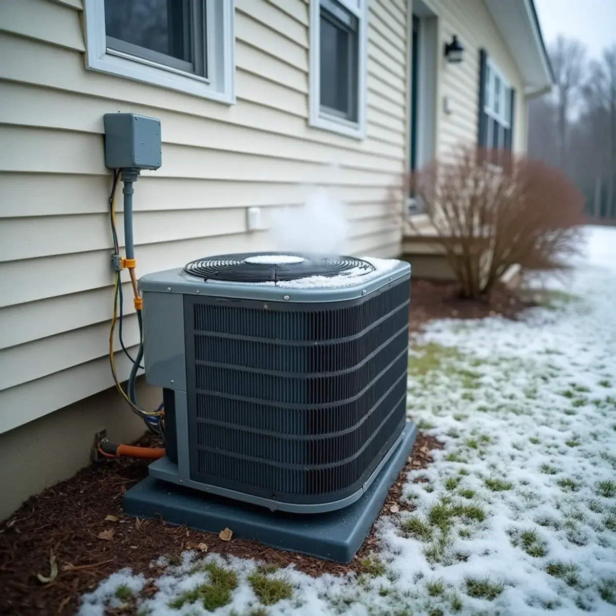 Heat pump outdoor unit with light frost and steam rising during a defrost cycle outside an Elizabethtown, PA townhome