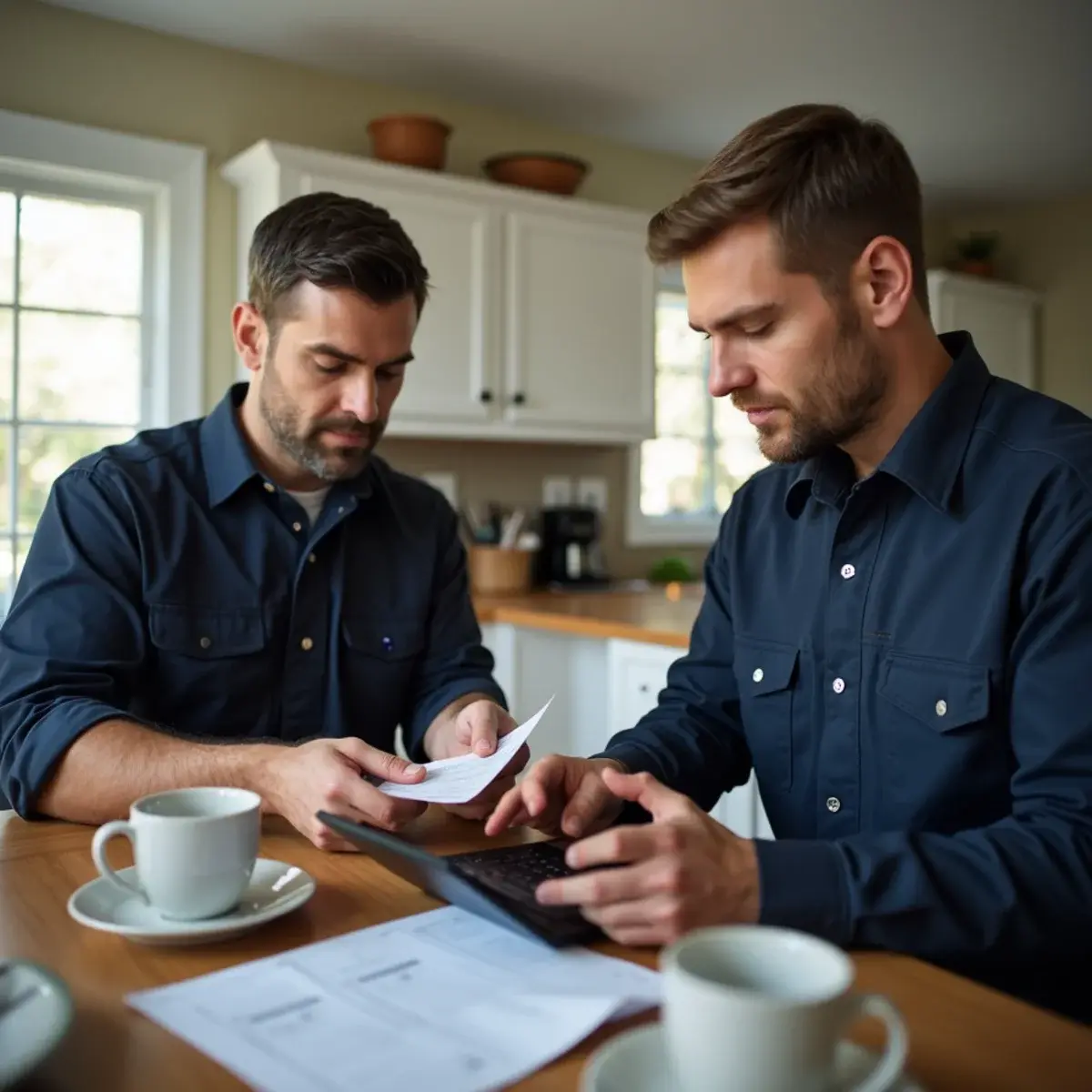 Homeowner reviewing past HVAC repair invoices with a technician in Hershey, PA