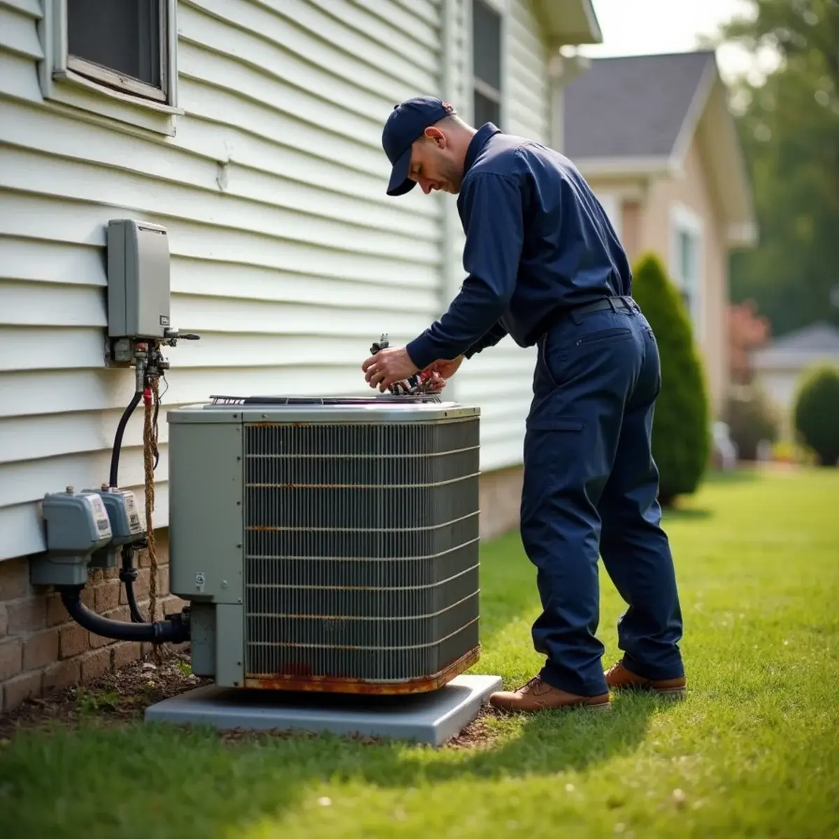 Aging outdoor air conditioner from the early 2000s beside a home near Hershey, PA