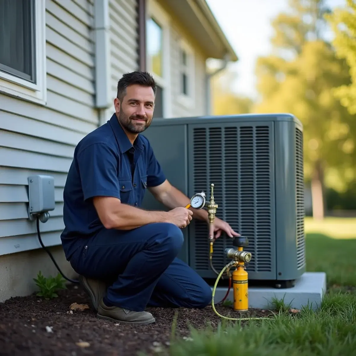 Technician inspecting an aging outdoor heat pump beside a 2000s townhome near Hershey, PA