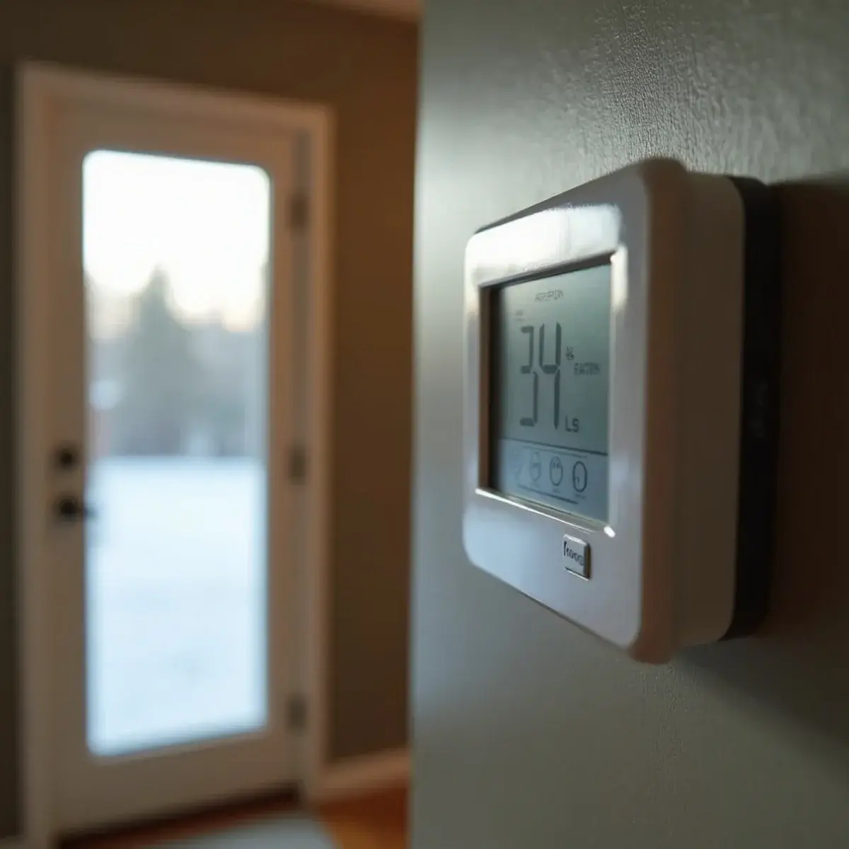 Thermostat on the wall of a Mount Joy, PA home set for winter heating