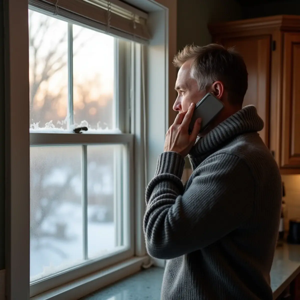 Homeowner calling for heating repair from the kitchen of a Mount Joy, PA home in winter