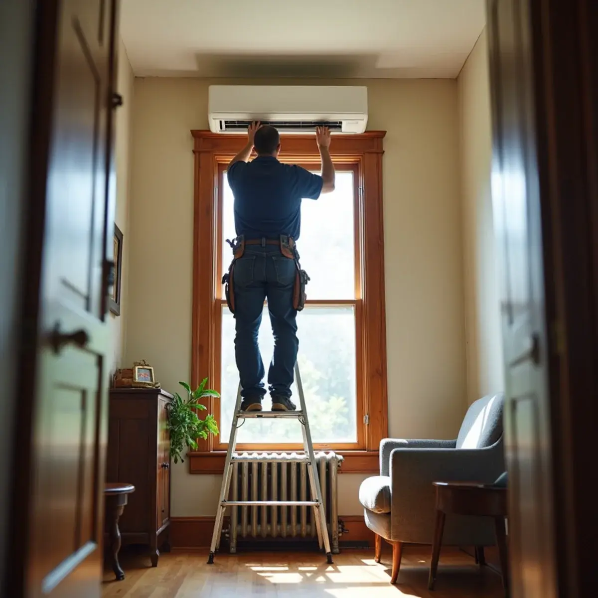 Wall-mounted ductless mini-split head above a window in an older Mount Joy, PA home with plaster walls