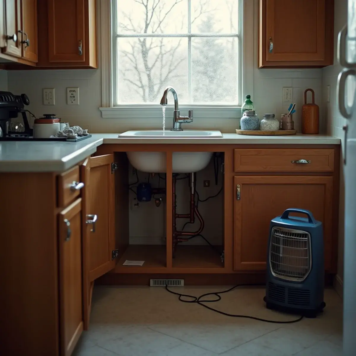 Open kitchen sink cabinet and dripping faucet to prevent frozen pipes during a no-heat night in Mount Joy, PA