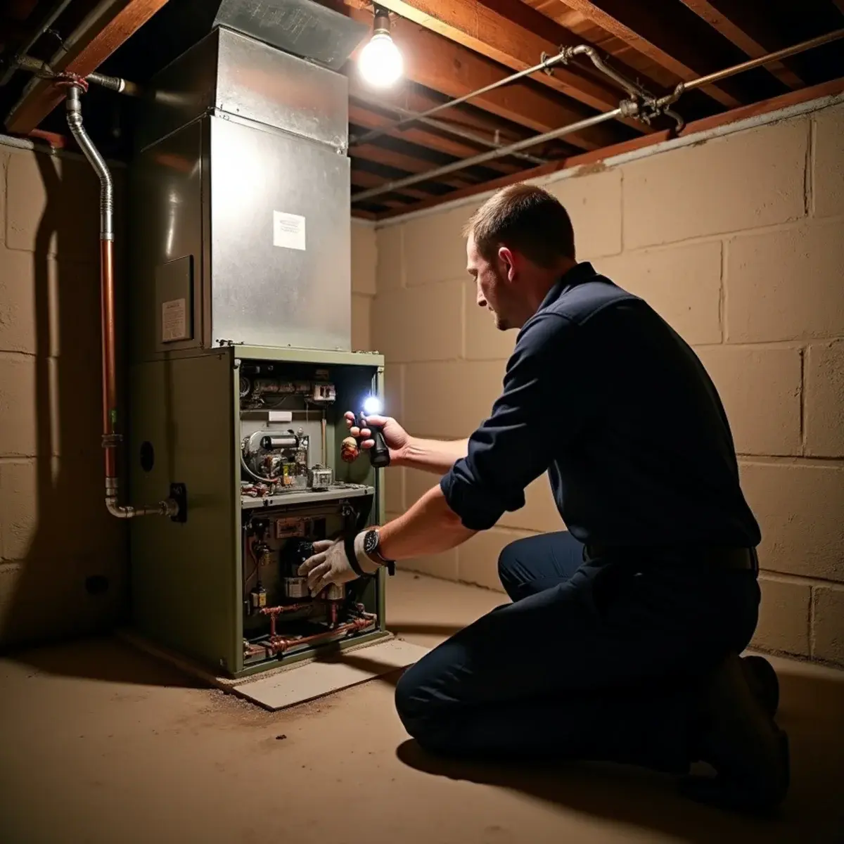 Technician using a flashlight to inspect a gas furnace in a Mount Joy, PA basement at night