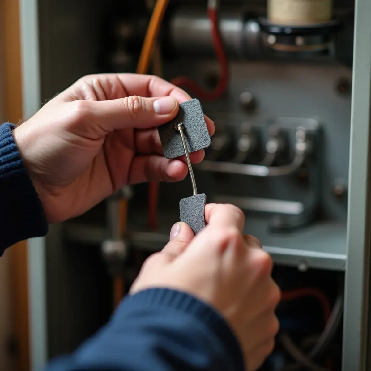 Technician removing a gas furnace flame sensor rod for cleaning in a Mount Joy, PA home