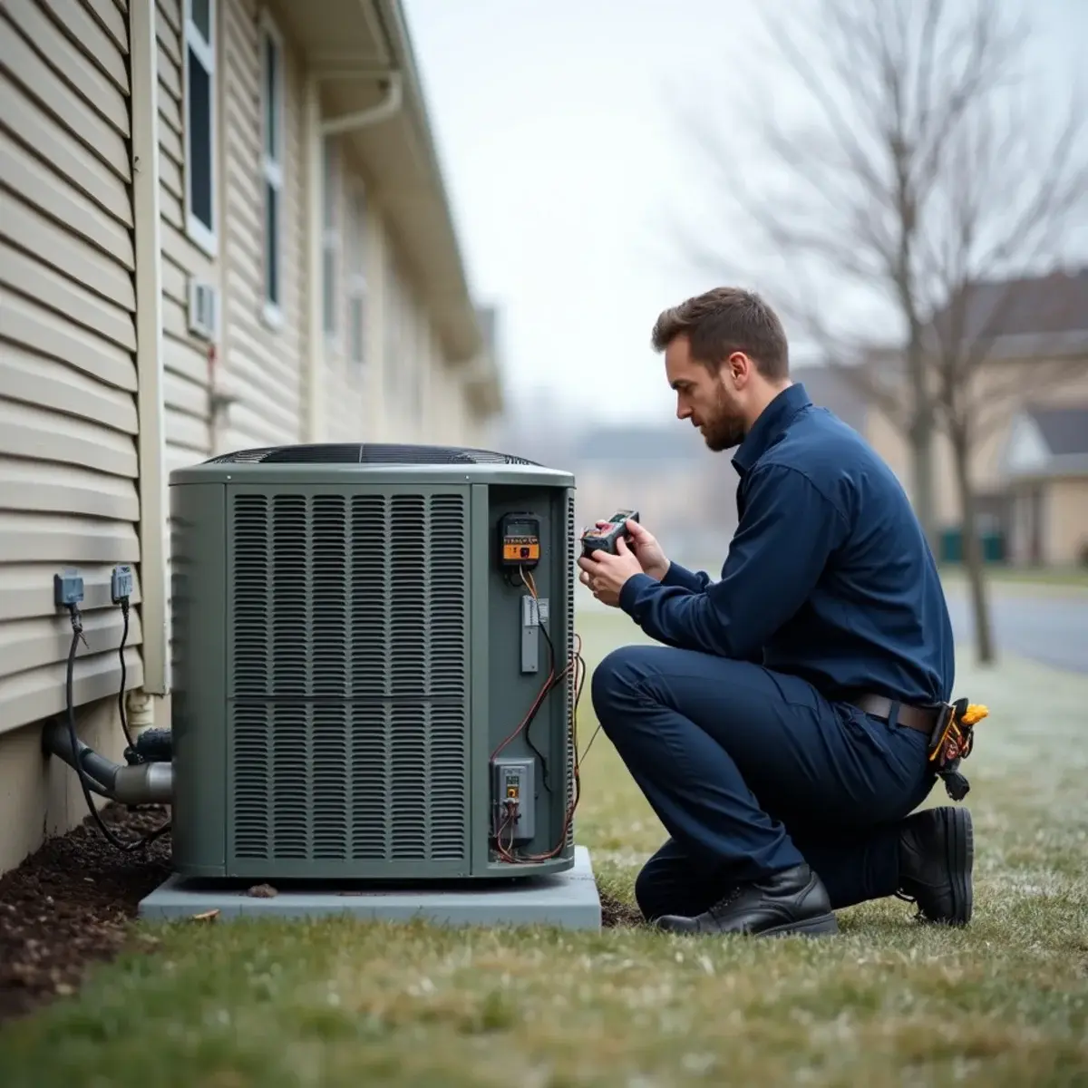 Technician testing an outdoor heat pump beside a 2000s townhome in Mount Joy, PA