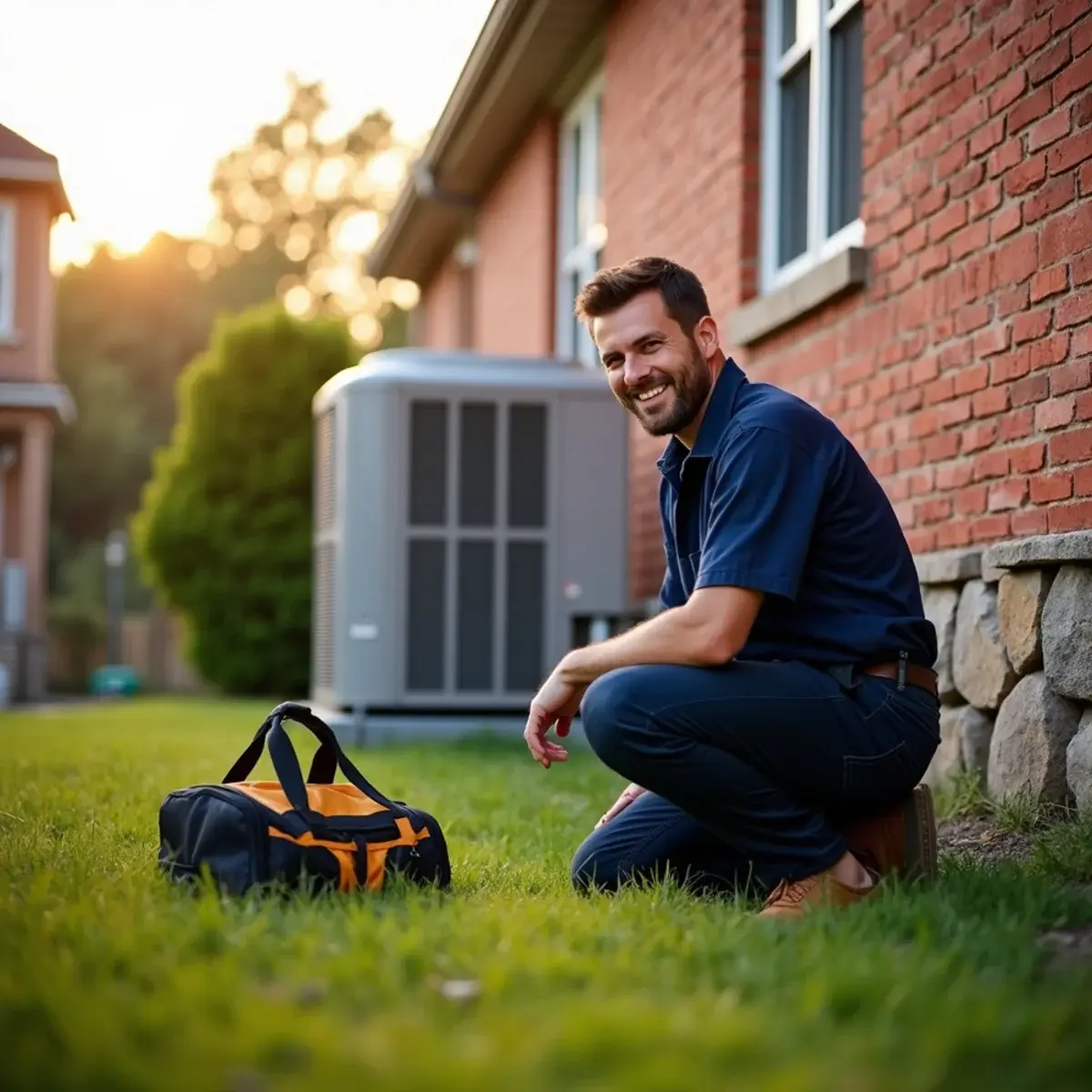 HVAC technician servicing an outdoor heat pump beside a brick home in Mount Joy, PA