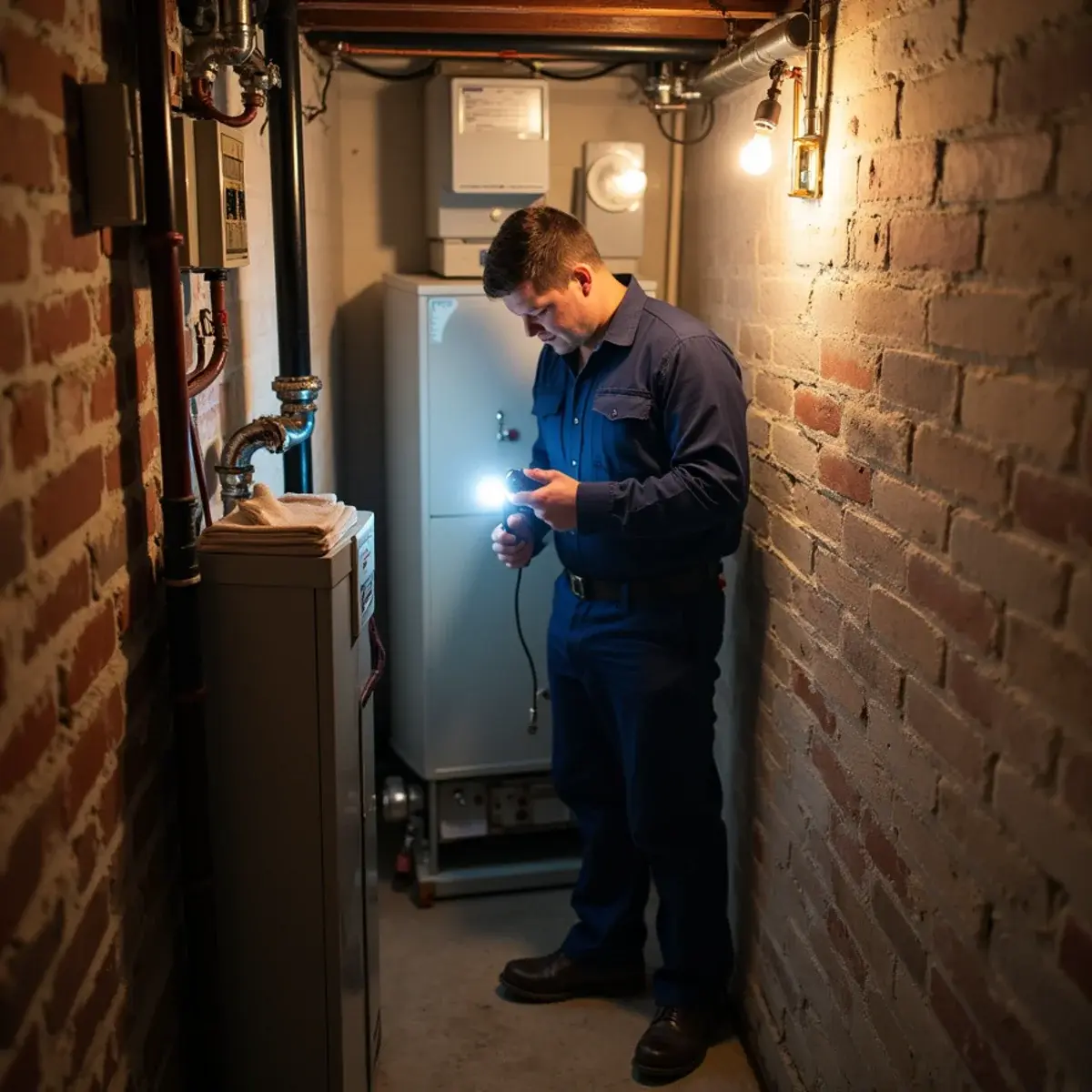 Technician servicing a gas boiler in the narrow basement of a brick rowhome in Columbia, PA