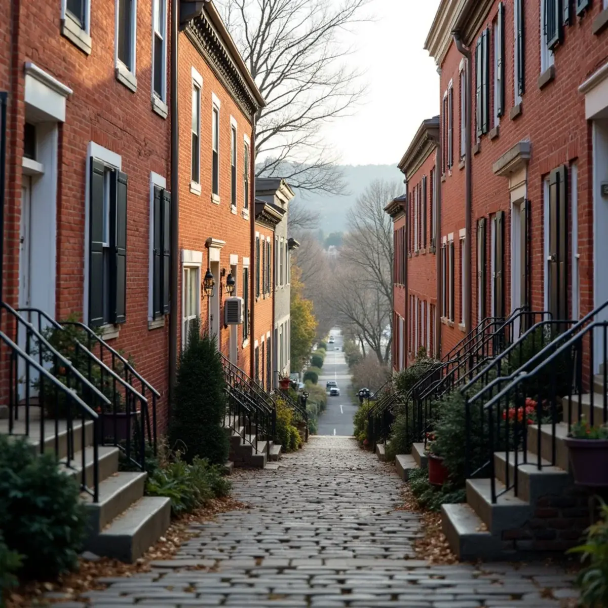 Brick rowhomes on a hillside street above the Susquehanna River in Columbia, PA