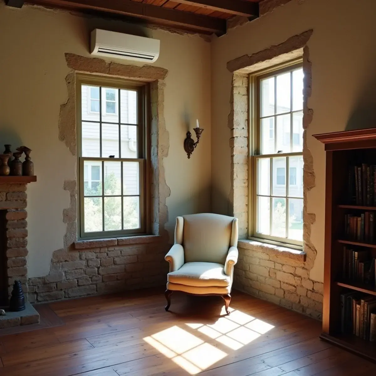 Ductless mini-split indoor unit above the windows of a historic living room in Lititz, PA