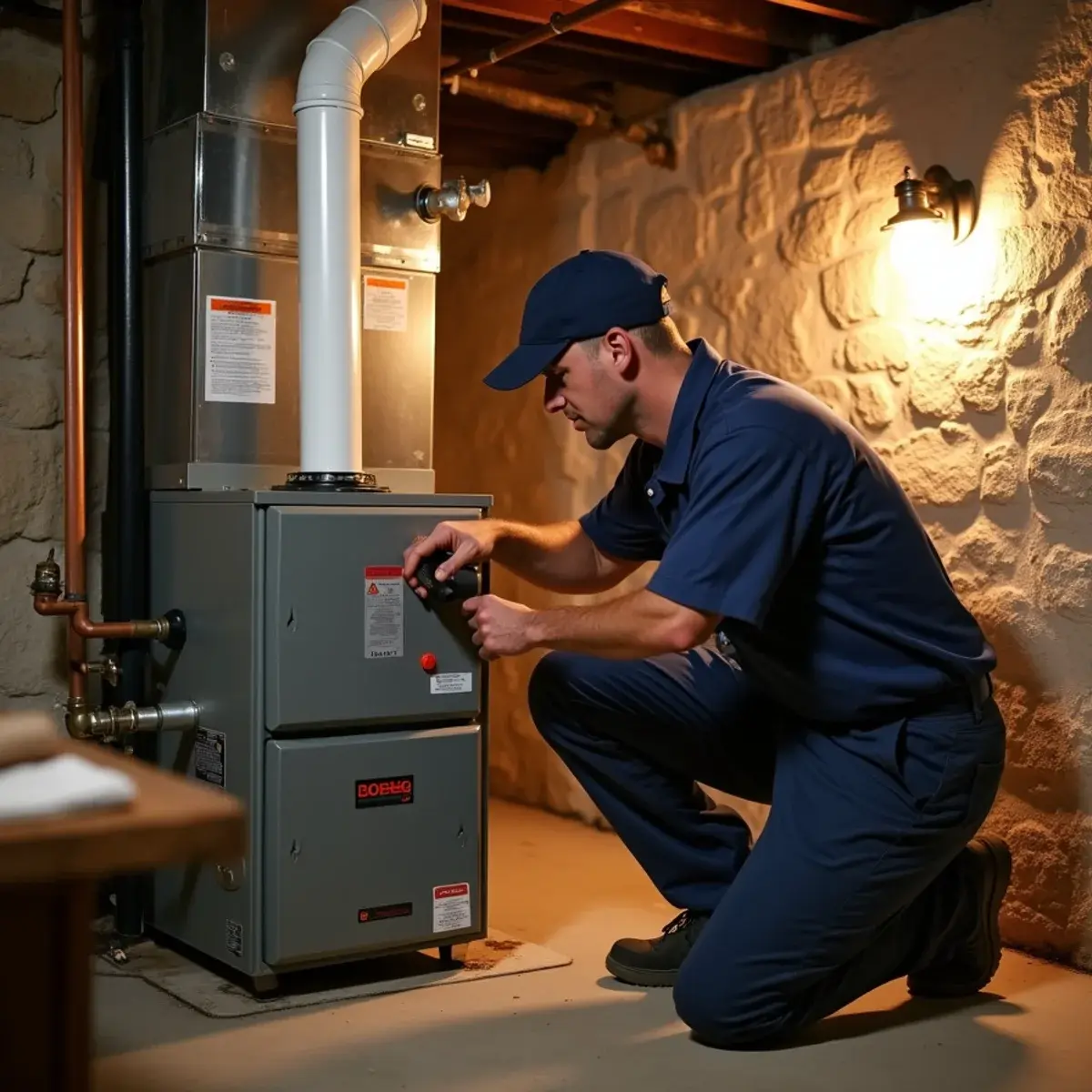Oil furnace and heating oil tank in a farmhouse basement in Rapho Township near Manheim, PA