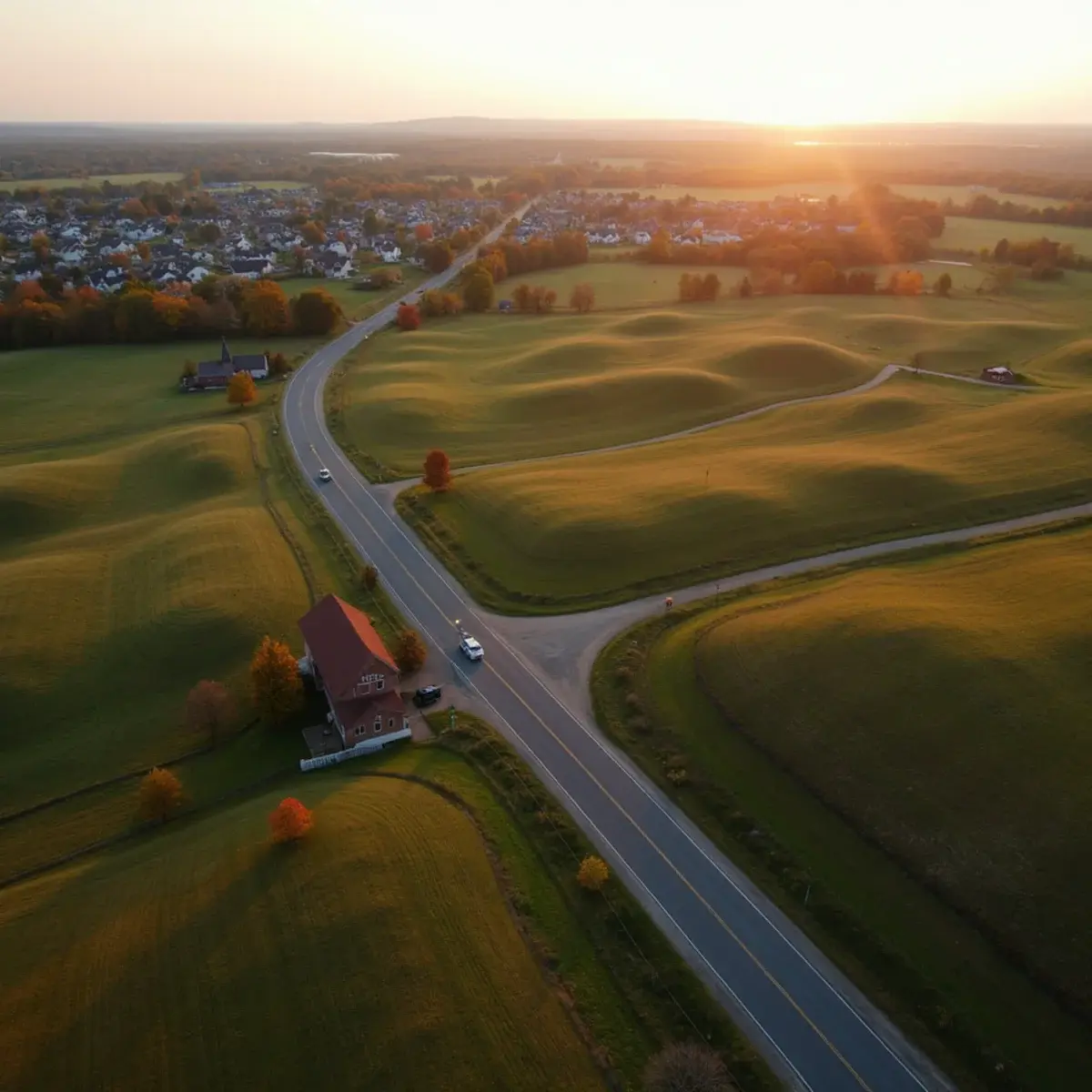 Farmland and small-town rooftops near Mount Joy in Lancaster County, PA